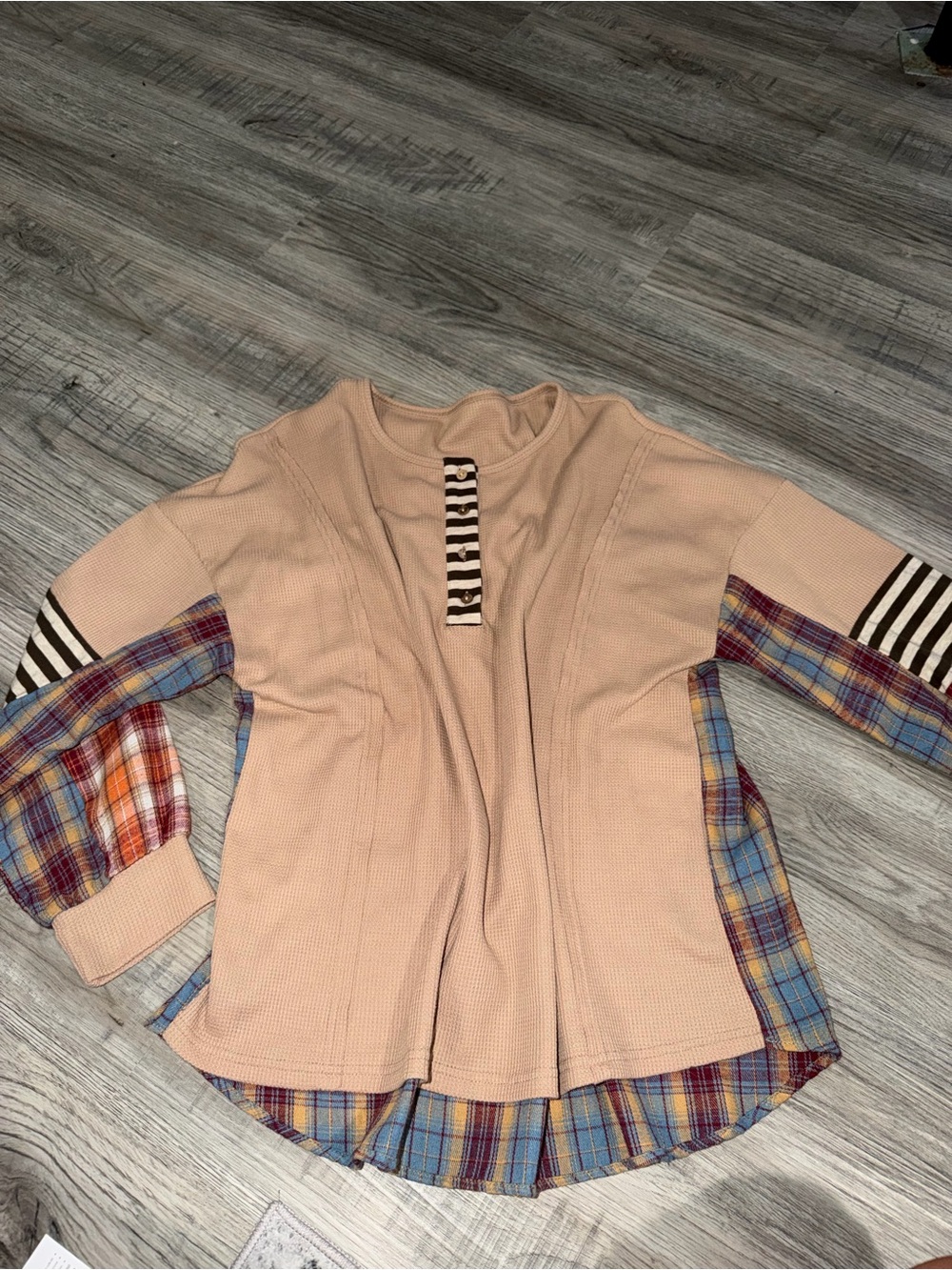 Waffle-Knit Top with Plaid Accents